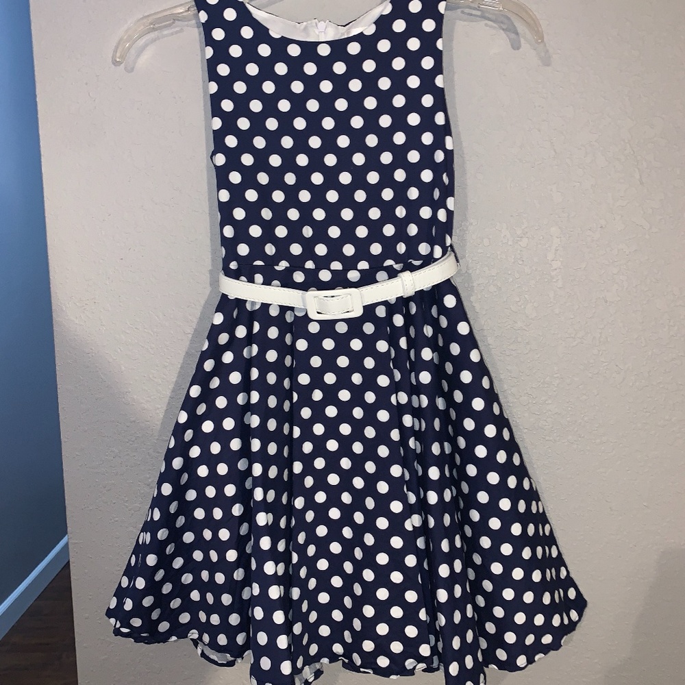 60S GIRLS NAVY AND WHITE POKA DOT DRESS